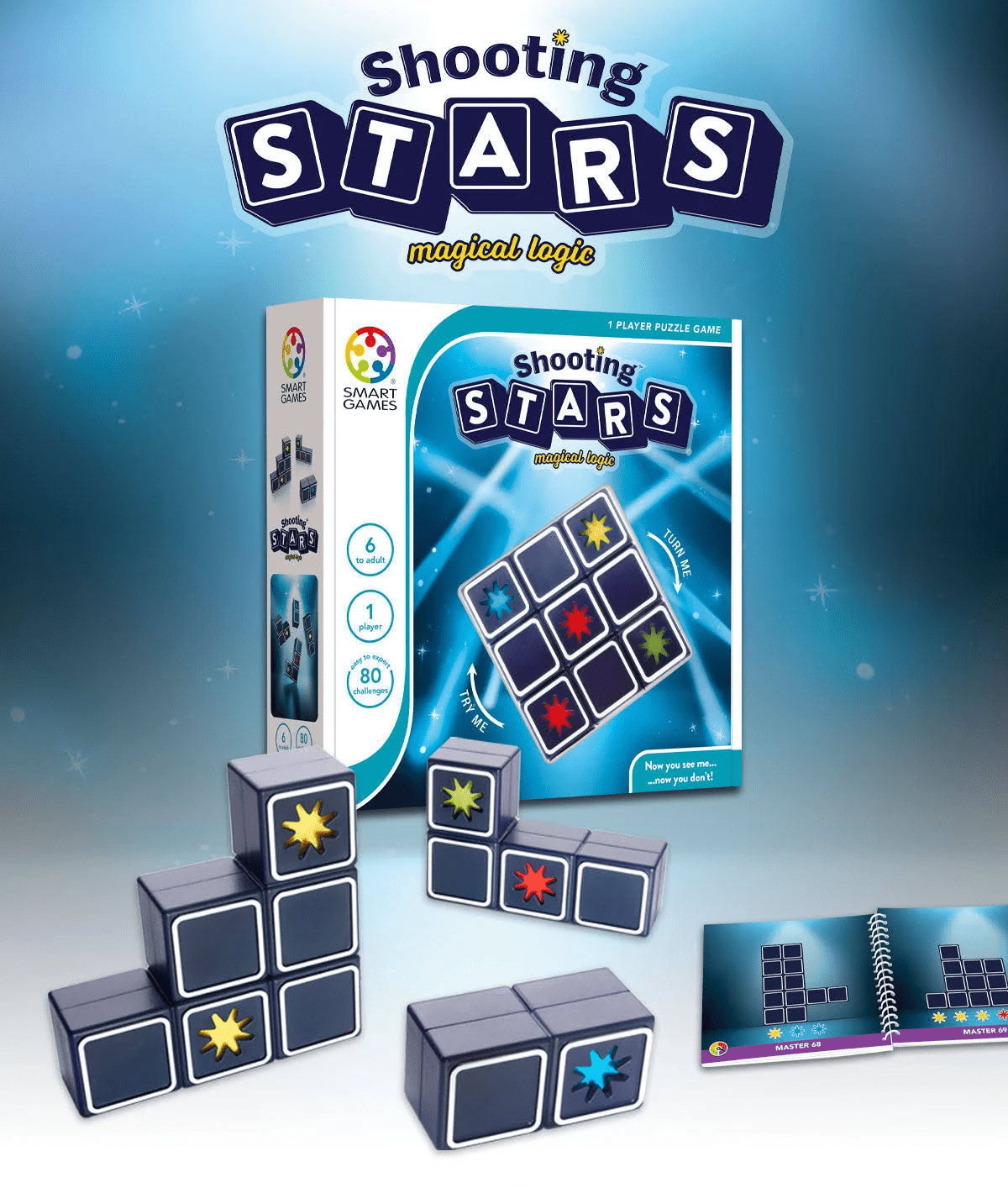 Star-tile logic cube set with puzzle game box and stacked cube pieces