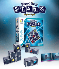 Star-tile logic cube set with puzzle game box and stacked cube pieces