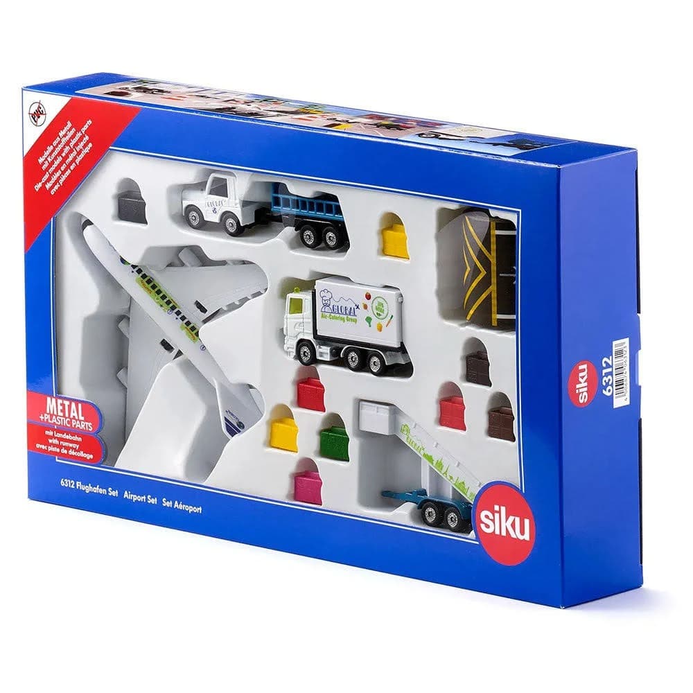 Airport gift set box with toy airplane and vehicles in a window display