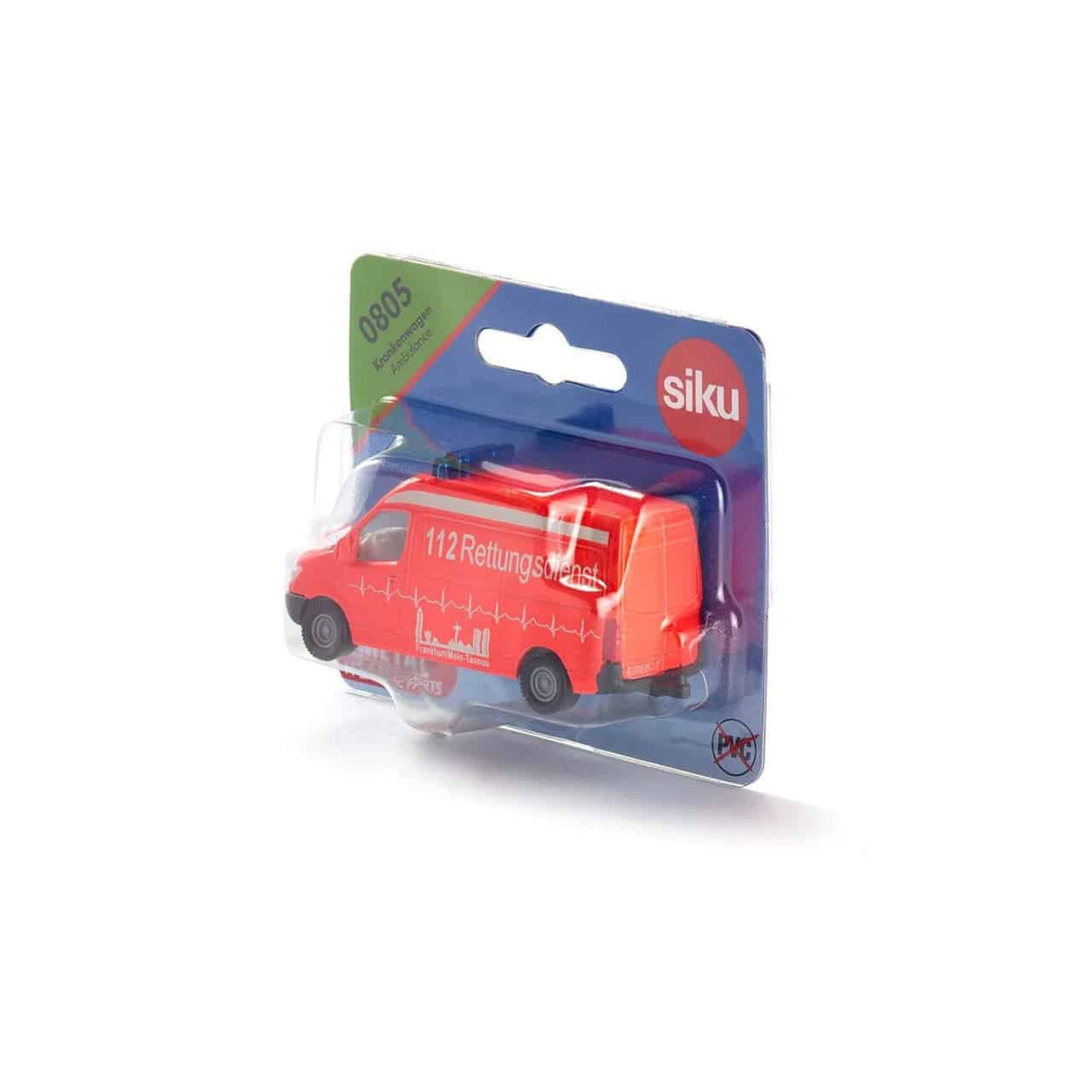 Red ambulance toy van with blue roof lights, in blister packaging