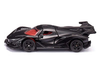 Black sports car model with red accents, side view, detailed wheels