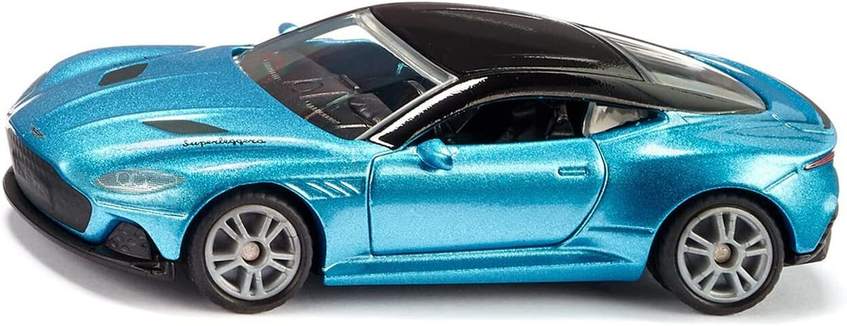 Metallic blue toy sports car with silver wheels, front three-quarter view