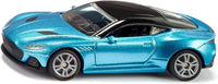 Metallic blue toy sports car with silver wheels, front three-quarter view
