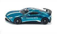 Teal racing car model with white stripe, rear wing, and black wheels