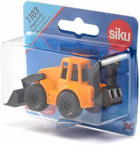 Siku backhoe loader toy with front bucket and black backhoe attachment