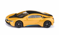 Orange BMW i8 toy car with black racing hood and blue accents, die-cast style.