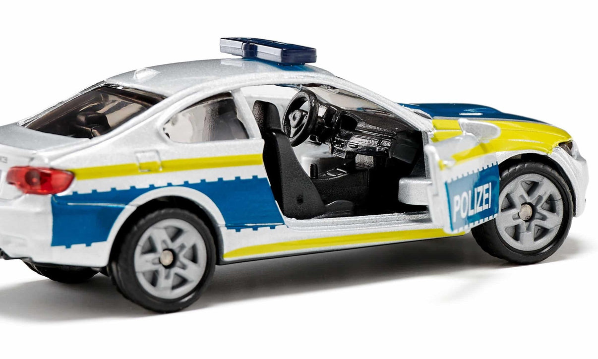 Police car model in white, blue, and yellow with roof light bar and rear detailing