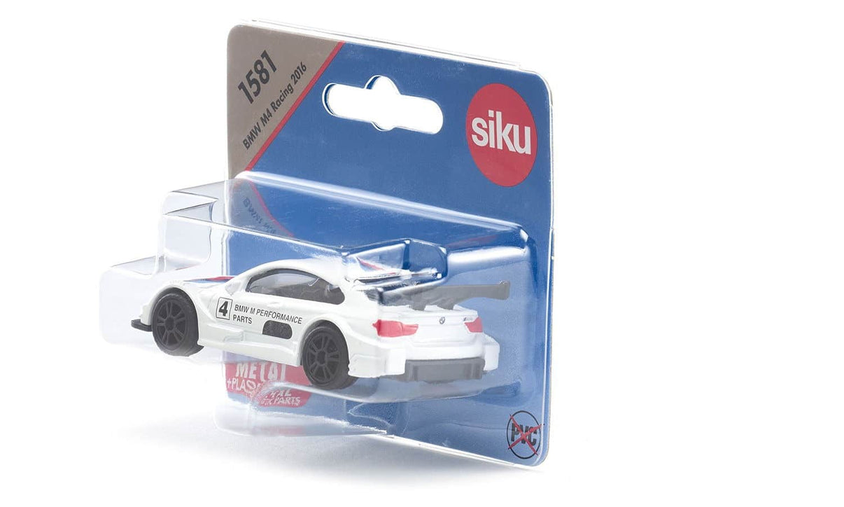 Siku BMW M4 racing car in blister package, white with blue and red stripes