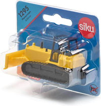 Toy bulldozer in plastic blister: yellow body, black tracks, black cab