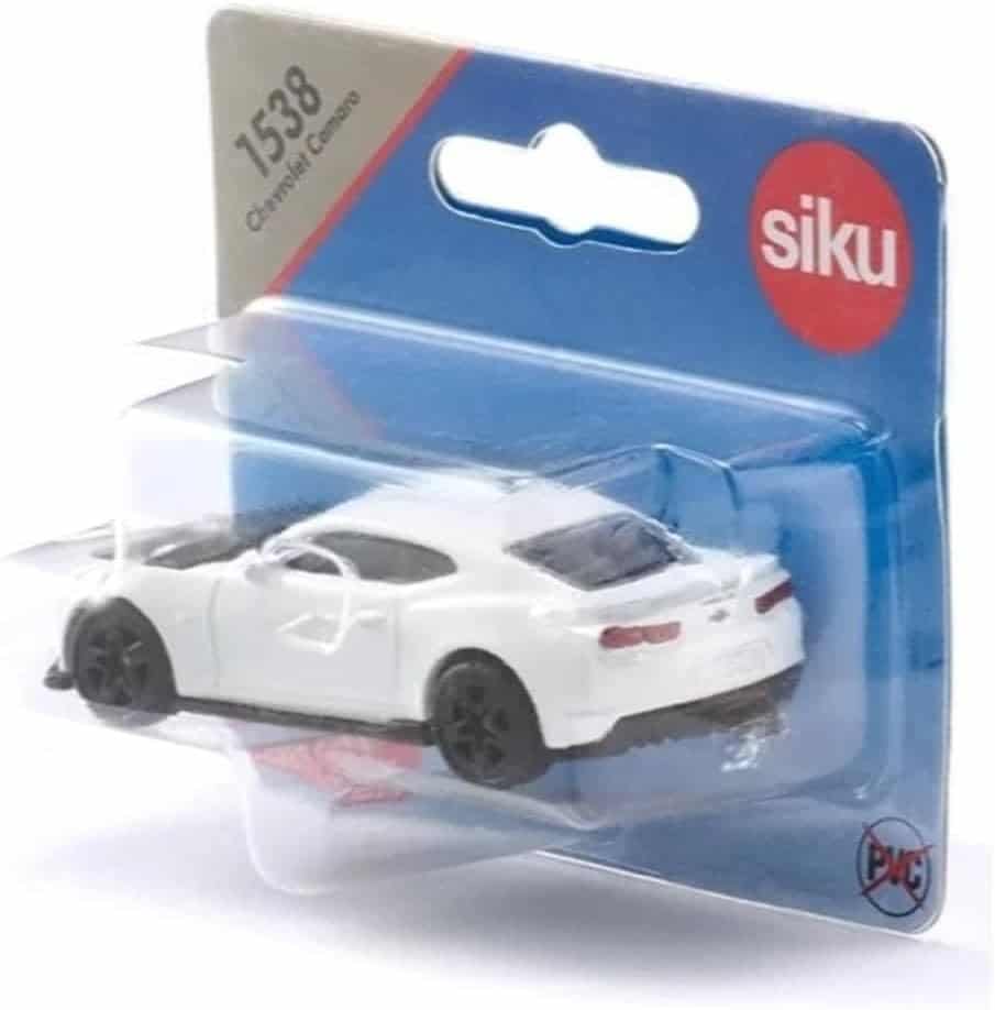 Siku Chevrolet Camaro toy car in white with black wheels, packaged in blister card