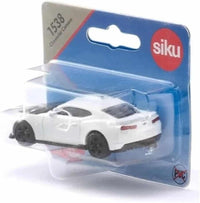 Siku Chevrolet Camaro toy car in white with black wheels, packaged in blister card