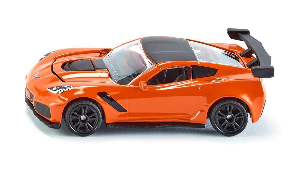 Orange sports car model with black accents, front three-quarter side view