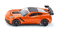 Orange sports car model with black accents, front three-quarter side view