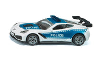 Police toy sports car, white with blue stripes, POLIZEI decals, and roof light bar.