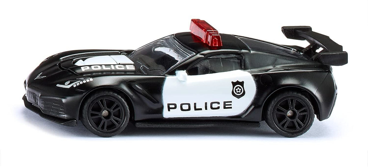 Black police sports car model with white side stripe and red roof lights