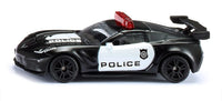 Black police sports car model with white side stripe and red roof lights