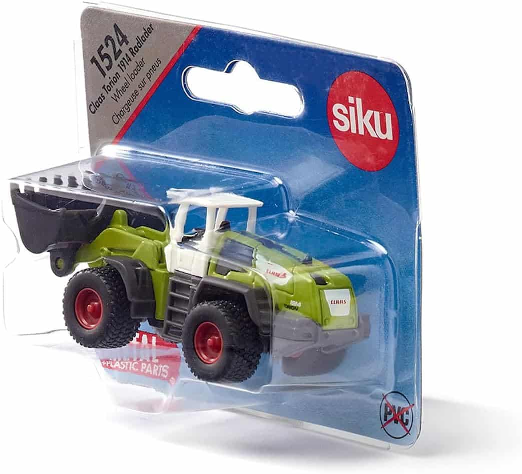 Siku Claas Torion tractor toy, green with red wheel hubs, in blue blister pack