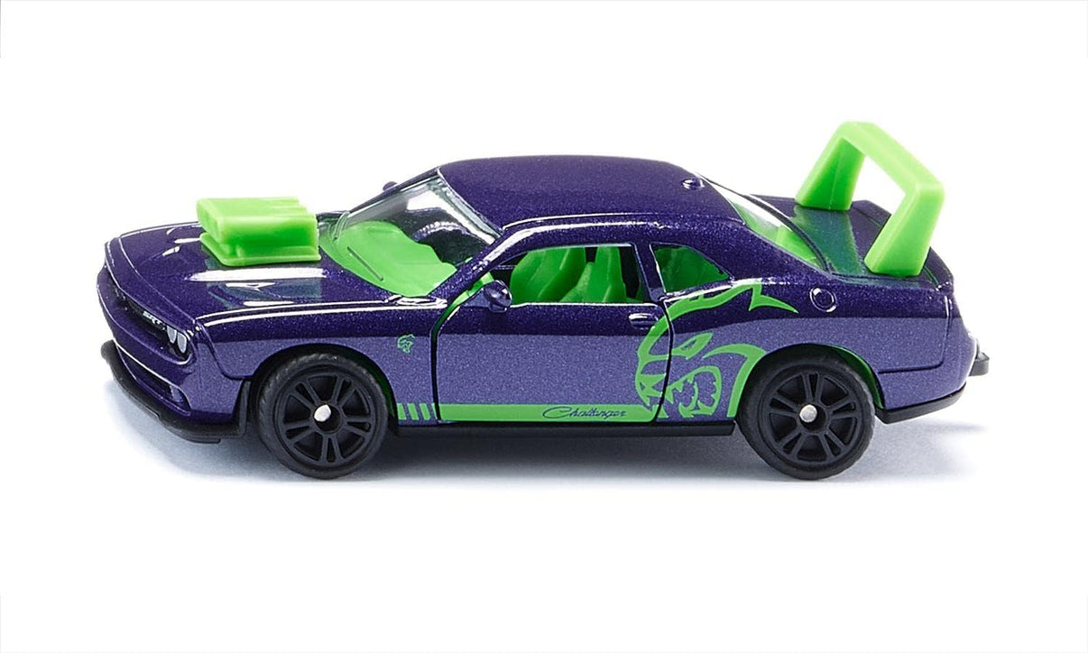 Custom Dodge Challenger toy car, angled side view in purple with green accents