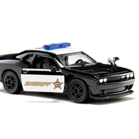 Sheriff patrol die-cast car with black body, white door panel, and blue light bar