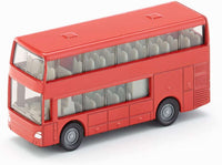 Red double-decker bus toy, side view with roof windows and wheels
