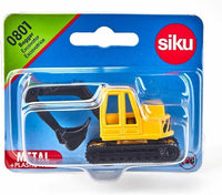 Siku metal excavator toy in blister pack, yellow cab and black tracks
