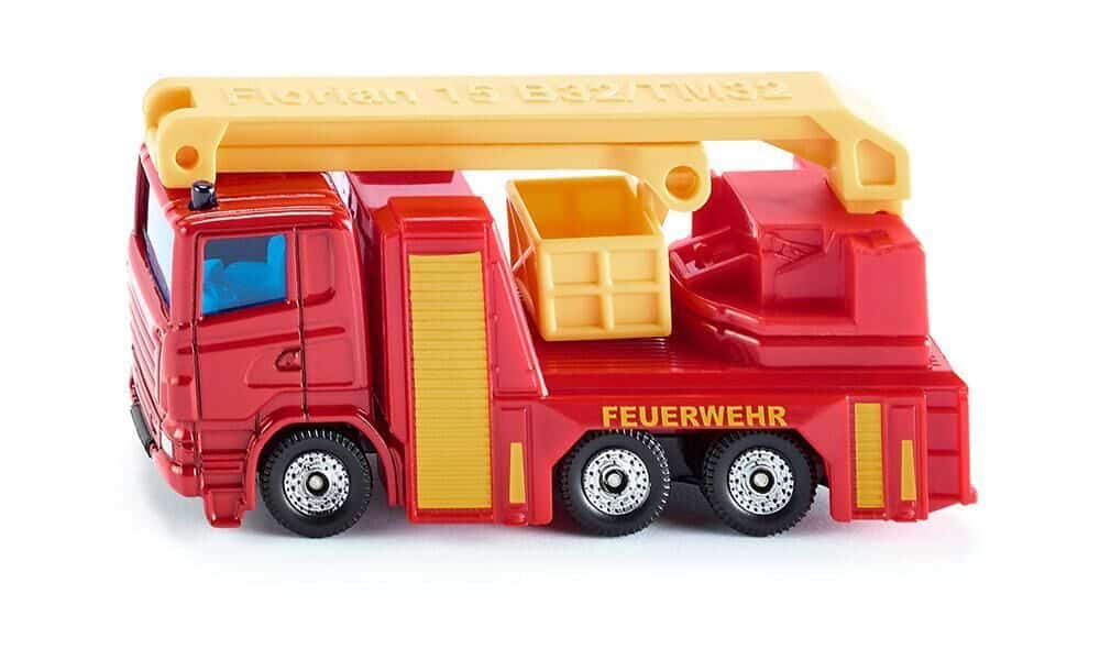 Red and yellow toy fire truck with raised rescue platform