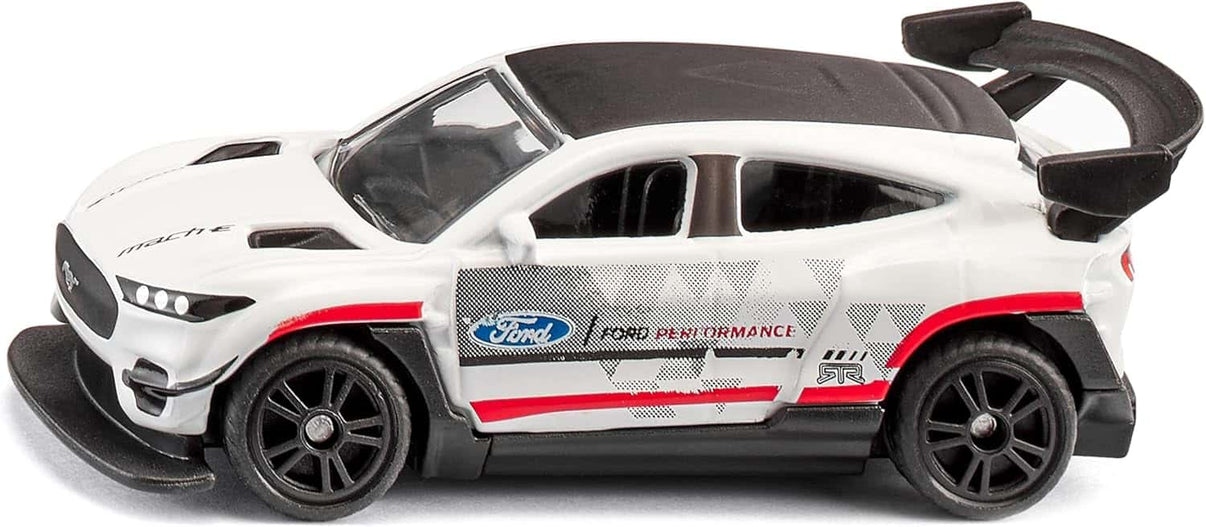 Ford Mustang Mach-E toy car, white with black hood and red side racing stripes