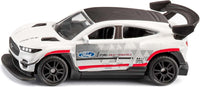 Ford Mustang Mach-E toy car, white with black hood and red side racing stripes