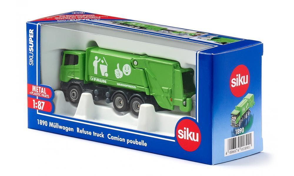 1:87 scale metal garbage truck toy in green with blue Siku packaging