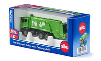 1:87 scale metal garbage truck toy in green with blue Siku packaging