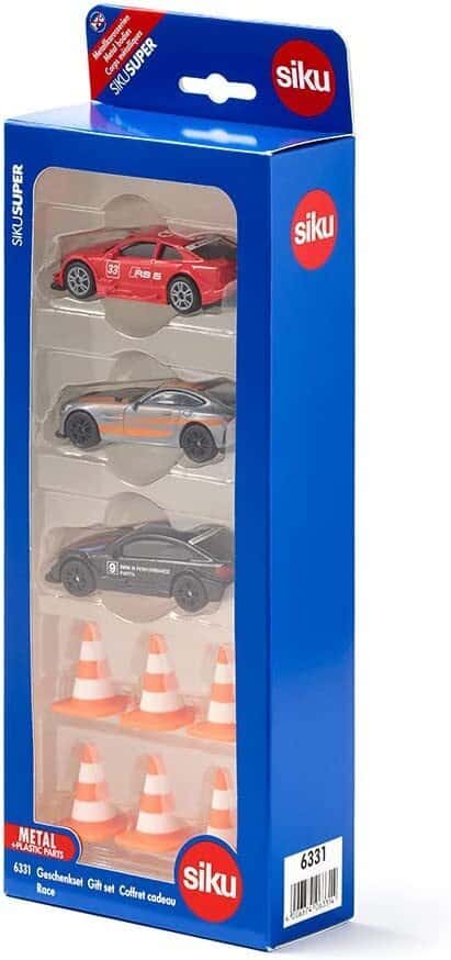 Siku race gift set box with three die-cast cars and orange traffic cones