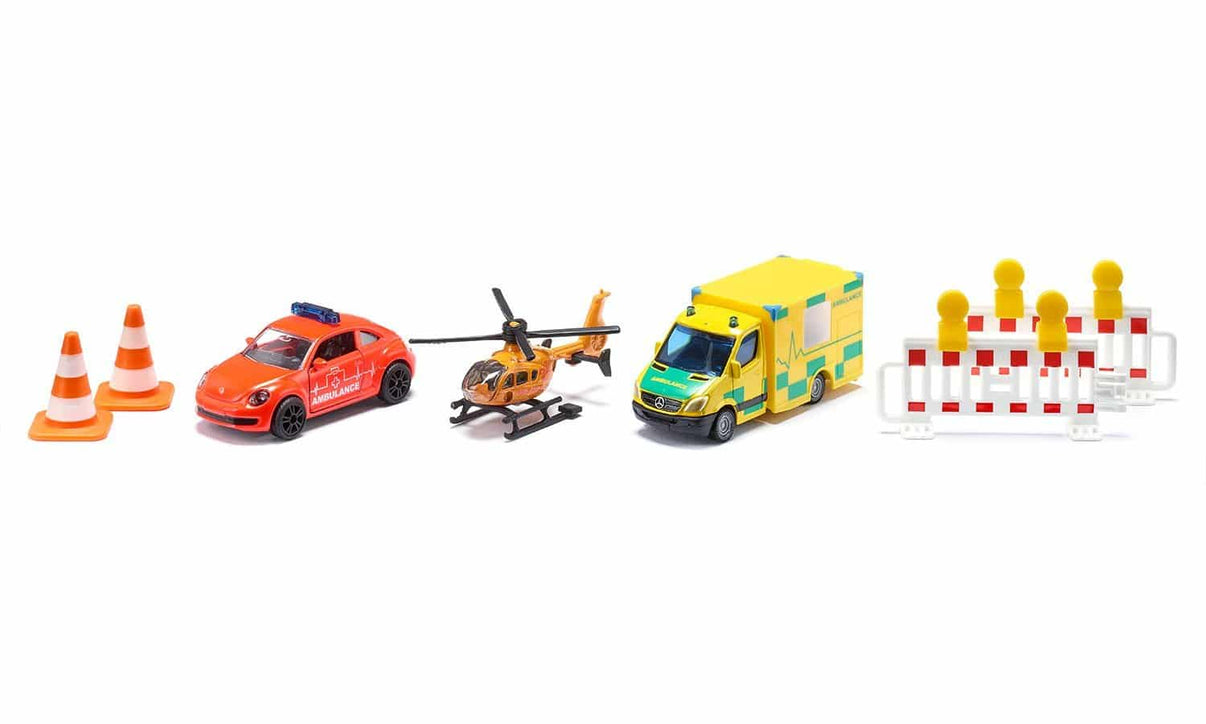 Rescue toy gift set: orange car, helicopter, ambulance, barriers and cones