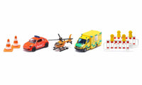 Rescue toy gift set: orange car, helicopter, ambulance, barriers and cones