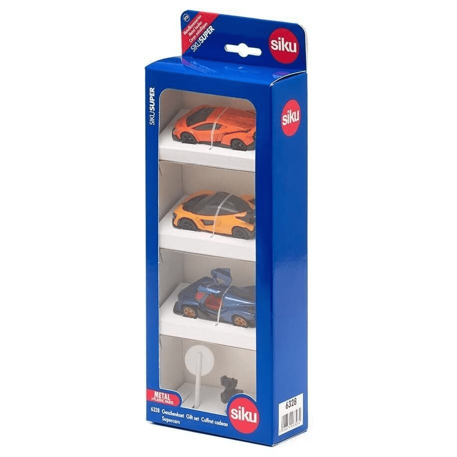 Siku supercar gift set box with 3 die-cast cars inside, orange and dark red