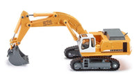 Orange 1:87 scale hydraulic excavator model with front bucket and tracks