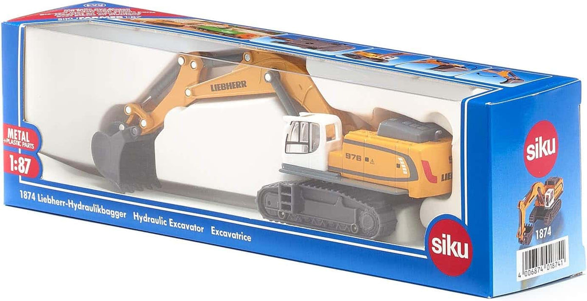 Siku hydraulic excavator model in retail box, yellow and gray