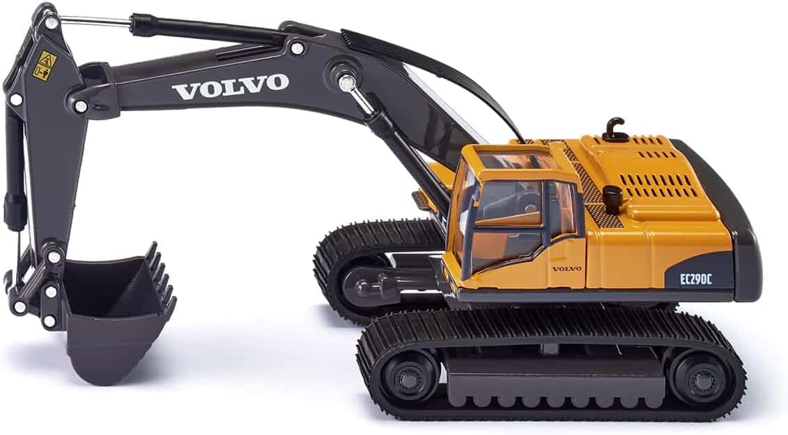 Siku Volvo 1:50 hydraulic excavator toy side view with bucket lowered
