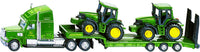 Green John Deere low-loader truck toy with tractor on trailer, 1:87 scale.