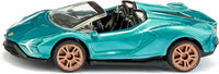 Teal convertible toy sports car with black interior, front three-quarter view