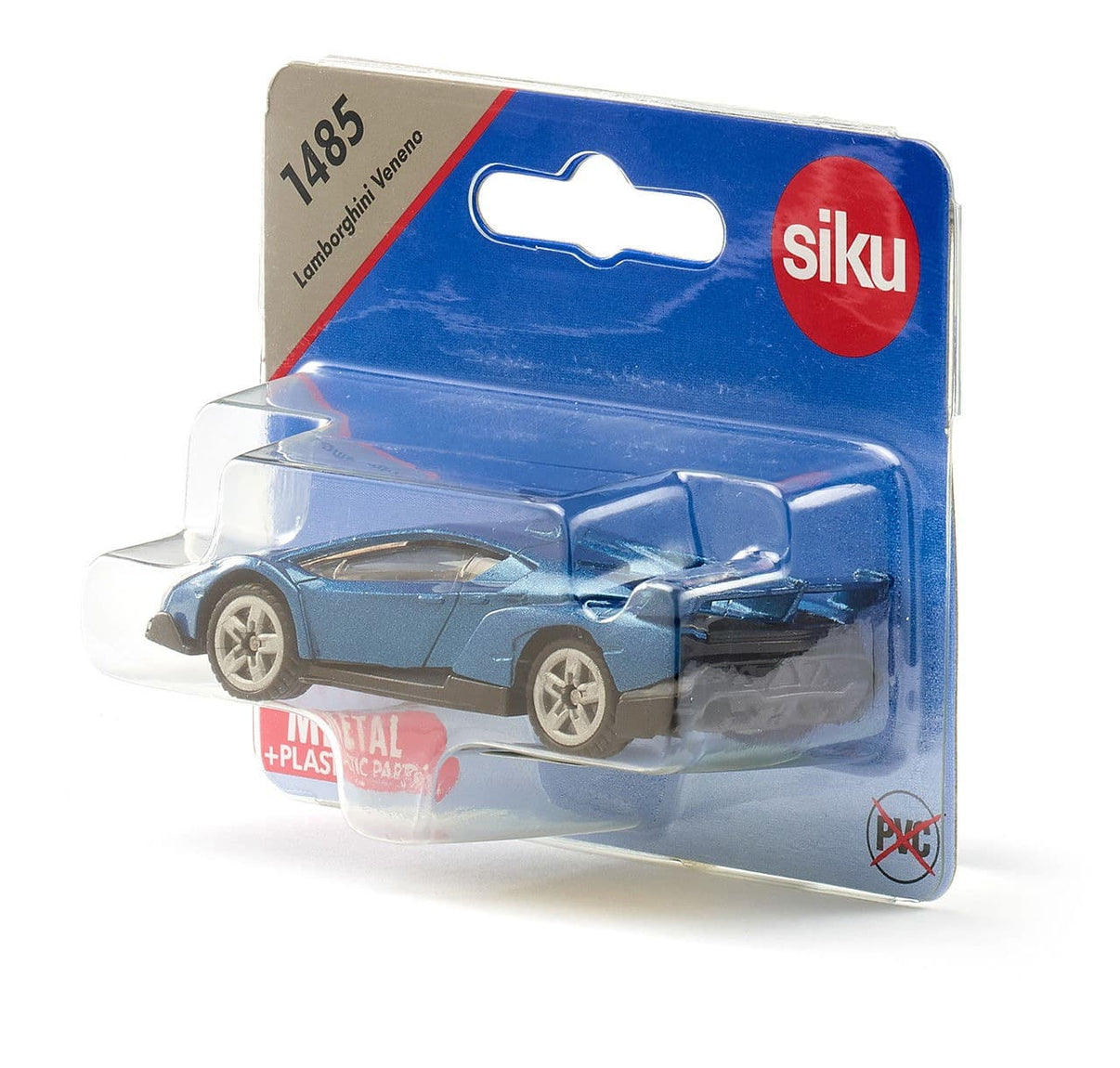 Die-cast toy supercar in blue with black accents, in clear blister packaging