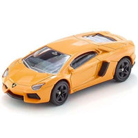 Orange sports car model with black wheels, front 3/4 view