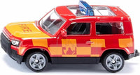 Siku Land Rover Defender fire truck model, red and orange with fire-pattern sides