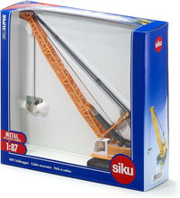 Die-cast cable excavator toy in Siku box, orange lattice crane on black tracks