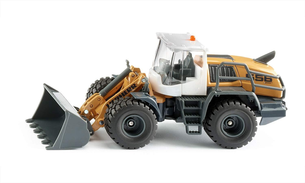 Orange and gray wheel loader model with front bucket and cab.