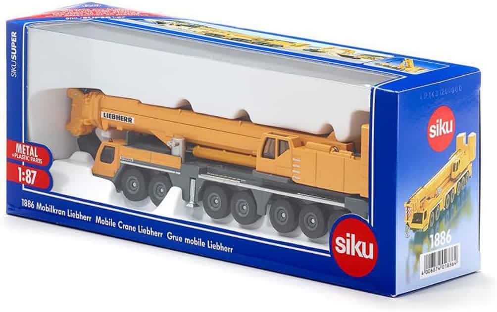 Mobile crane toy model in yellow on retail packaging box