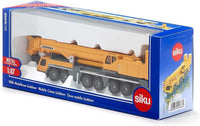 Mobile crane toy model in yellow on retail packaging box