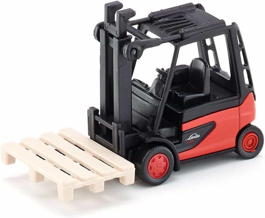 Linde forklift model with red cab and black mast, raised pallet forks