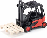 Linde forklift model with red cab and black mast, raised pallet forks
