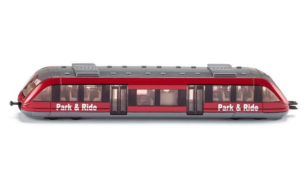 Red and gray toy local train with black windows and Park & Ride logos on the side