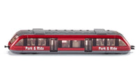 Red and gray toy local train with black windows and Park & Ride logos on the side